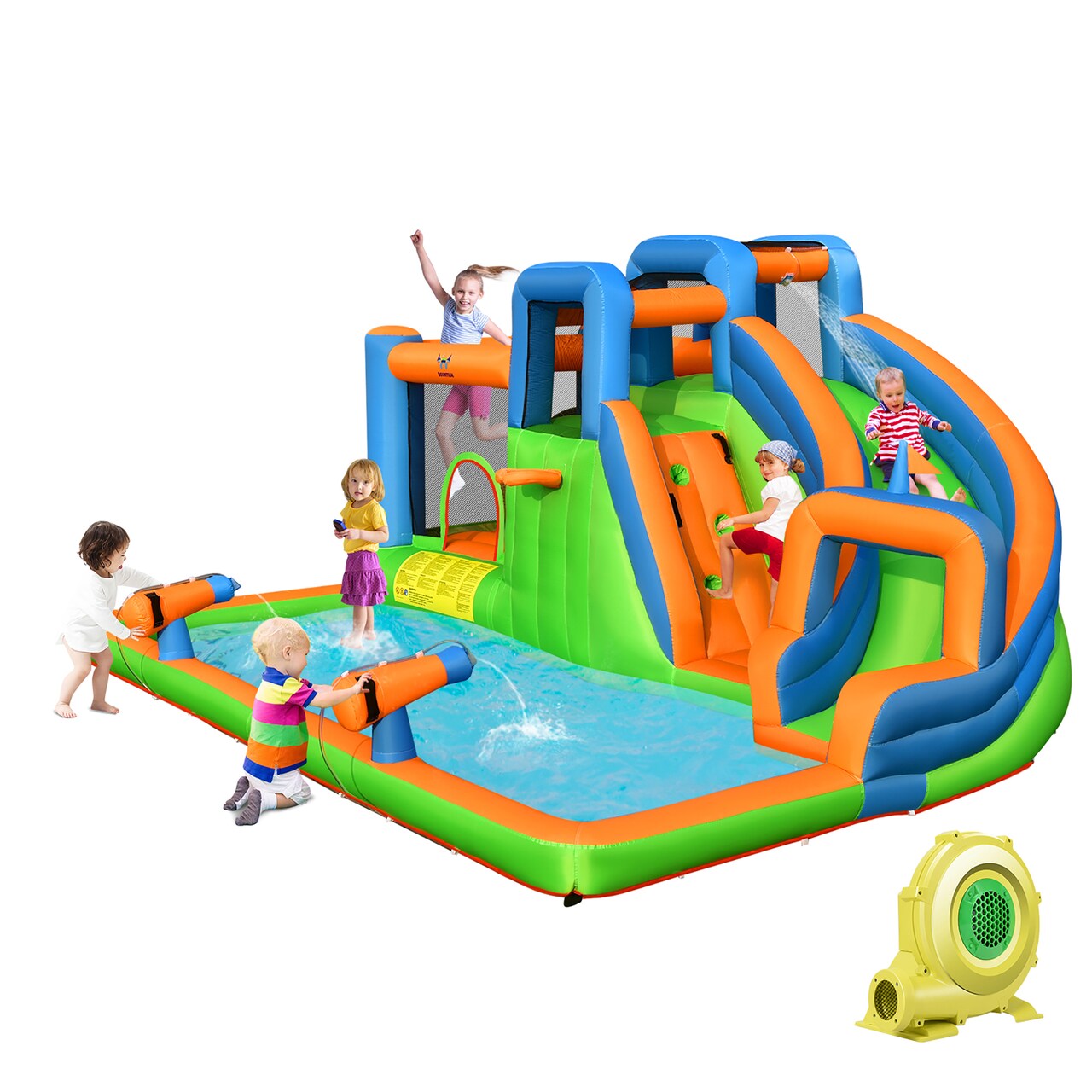 7 in 1 Inflatable Water Slide Bounce House with Splash Pool Water Cannon Blower Blue Green Orange